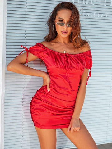 Off-shoulder Tie Front Ruched Fitted Dress - takostyle