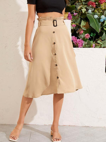 Paperbag Waist Button Up Belted Skirt - takostyle