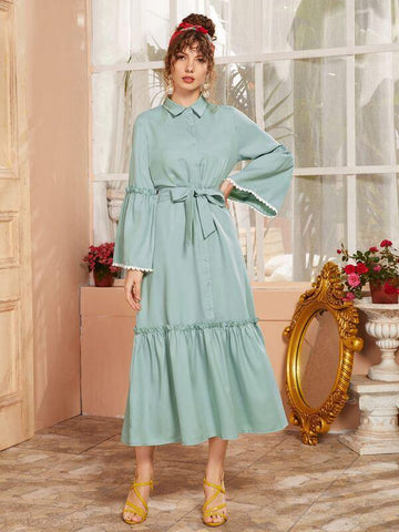 Lettuce Trim Shirt Dress With Belt - takostyle