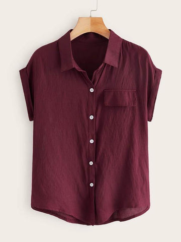 Rolled Cuff Knotted Hem Shirt - takostyle