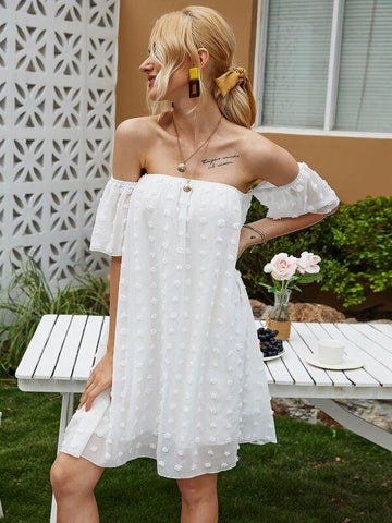 Swiss Dot Bardot Tunic Dress - takostyle