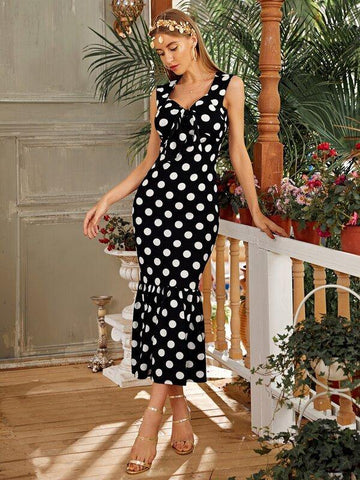 Tie Front Fishtail Hem Polka Dot Dress - takostyle