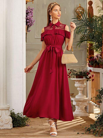 Cold Shoulder Sheer Lace Insert Belted Dress - takostyle