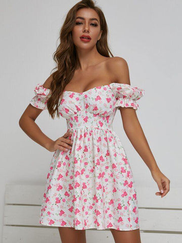 SBetro Ruched Bust Puff Sleeve Floral Skater Dress - takostyle