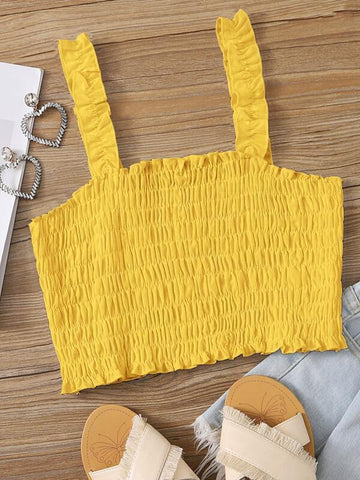 Shirred Frill Trim Solid Crop Top - takostyle