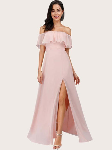 EverPretty Ruffle Off Shoulder Split Prom Dress - takostyle