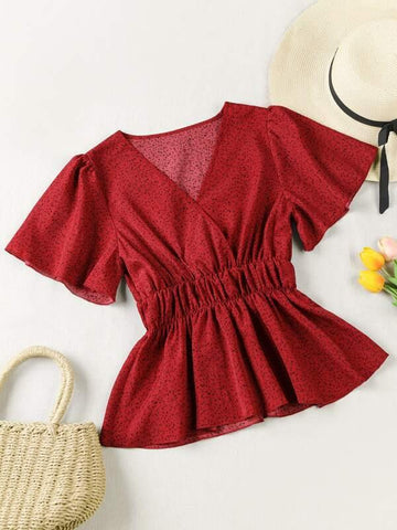 Allover Print Ruffle Hem Peplum Blouse - takostyle