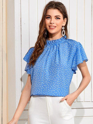 Polka Dot Frill Neck Flutter Sleeve Blouse - takostyle