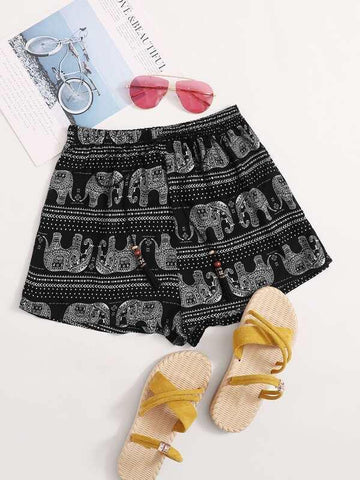 Tribal Print Tassel Detail Drawstring Waist Shorts - takostyle
