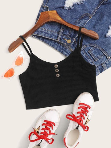 Button Detail Rib-knit Crop Cami Top - takostyle