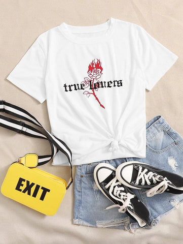 Flower & Letter Graphic Tee - takostyle