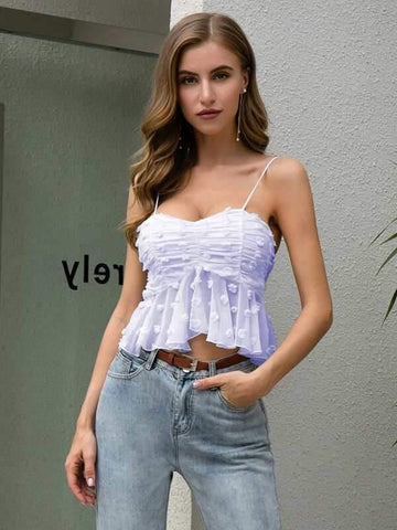 Double Crazy Ruched Swiss Dot Peplum Cami Top - takostyle