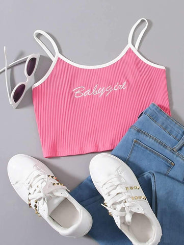 Letter Embroidery Rib-knit Ringer Cami Top - takostyle