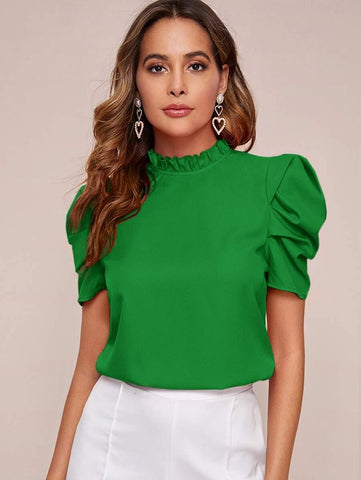 Frill Neck Puff Sleeve Top - takostyle