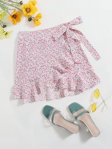 Ditsy Floral Print Tie Side Ruffle Skirt - takostyle