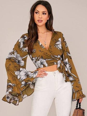 Trumpet Sleeve Wrap Knotted Floral Print Top - takostyle