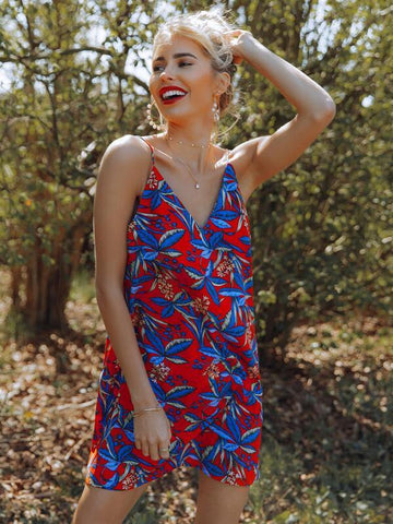 Botanical Print Double V Neck Cami Dress - takostyle