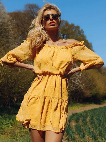 Frill Trim Off Shoulder Swiss Dot Dress - takostyle