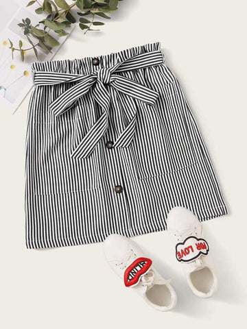 Paperbag Waist Buttoned Front Patch Pocket Striped Skirt - takostyle