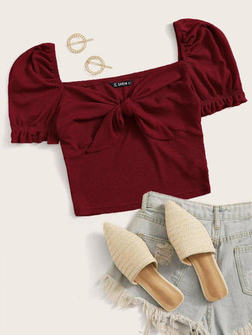Puff Sleeve Tie Front Rib-knit Crop Top - takostyle