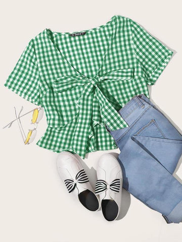 Tie Front Ruffle Hem Gingham Top - takostyle