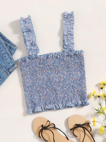 Ditsy Floral Ruffle Strap Shirred Crop Top - takostyle