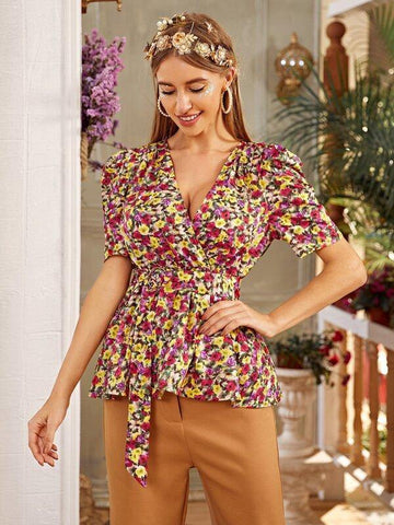 Allover Floral Surplice Neck Belted Blouse - takostyle