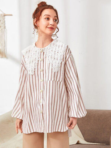 Lantern Sleeve Lace Collar Pearls Buttoned Pocket Front Striped Blouse - takostyle