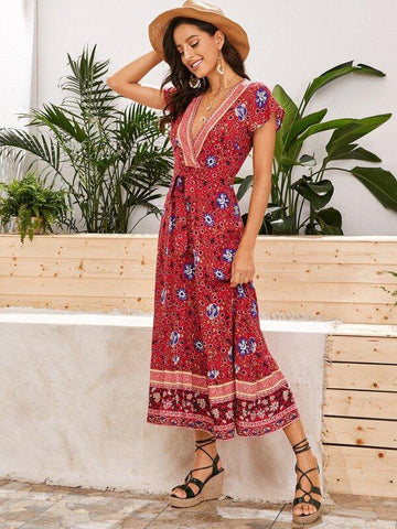 Floral and Tribal Print Surplice Neck Self Belted Dress - takostyle