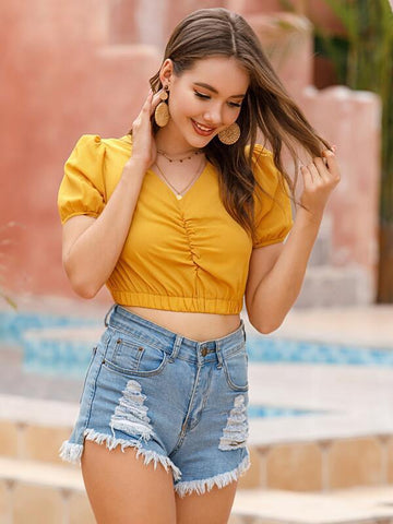 Ruched Detail Puff Sleeve Crop Blouse - takostyle