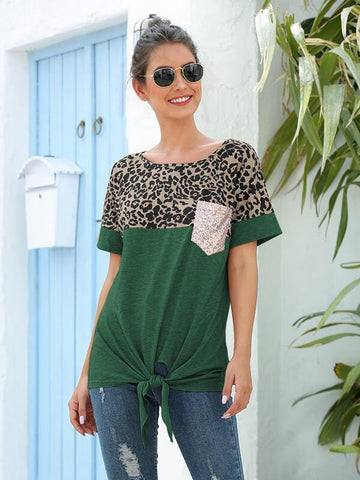 Graphic Colorblock Sequin Pocket Knot Tee - takostyle