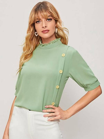 Eyelet Embroidered Button Front Blouse - takostyle
