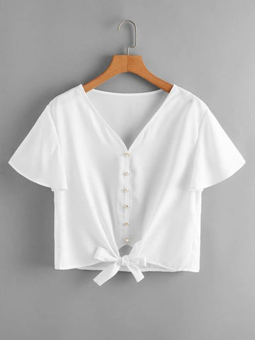 Flutter Sleeve Button Front Knot Hem Blouse - takostyle