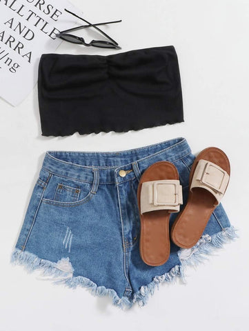 Lettuce Trim Ruched Tube Top - takostyle