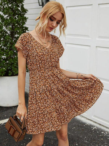 Ditsy Floral Print Ruffle Hem Dress - takostyle