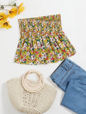 Floral Print Ruffle Hem Shirred Tube Top - takostyle