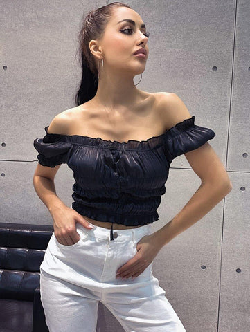 Bardot Frill Trim Ruched Solid Top - takostyle