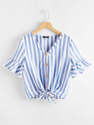 V-neck Ruffle Cuff Knot Hem Striped Top - takostyle