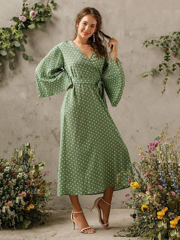 Polka Dot Pleated Belted Dress - takostyle