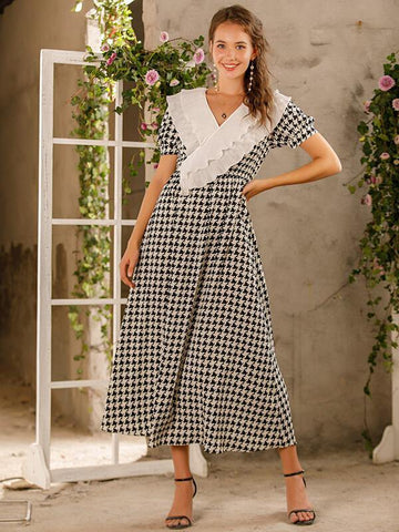 Ruffle Trim Houndstooth A-line Dress - takostyle