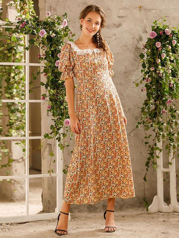 Ditsy Floral Frill Square Neck Half Button Long Dress - takostyle