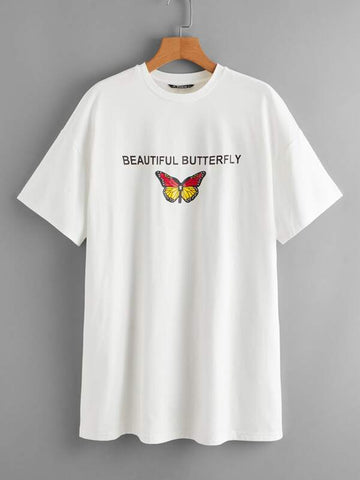 Drop Shoulder Letter Graphic Butterfly Tee Dress