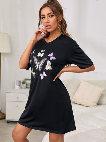 Butterfly And Letter Graphic Drop Shoulder Tee Dress - takostyle