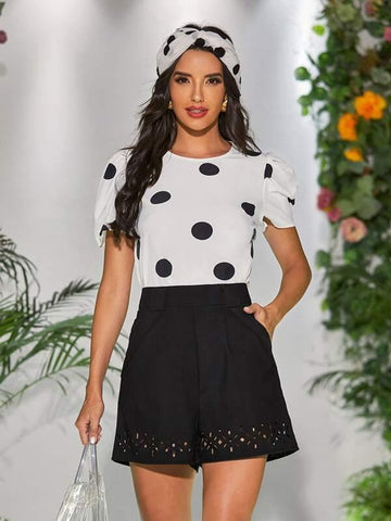 Keyhole Back Puff Sleeve Polka Dot Top - takostyle