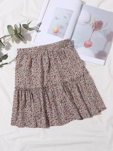 Elastic Waist Ditsy Floral Ruffle Hem Skirt - takostyle