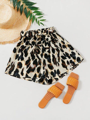 All Over Print Belted Paper Bag Waist Shorts - takostyle