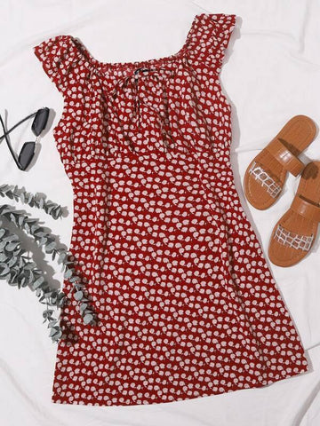 Tie Front Ditsy Floral Print Dress - takostyle