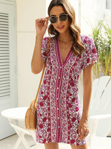 Floral Print Button Through Dress - takostyle