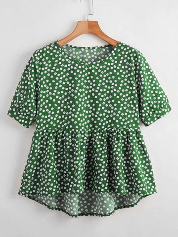 Ditsy Floral Print High Low Smock Blouse - takostyle