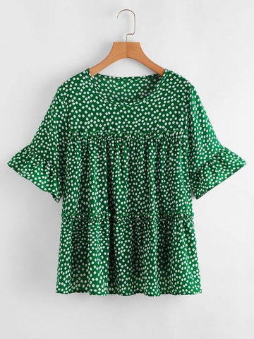 Lettuce Frill Ditsy Floral Print Blouse - takostyle